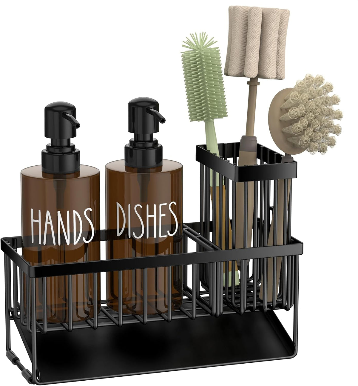 Kitchen Dish Soap Dispenser Set with Sponge Holder, 12OZ Glass Bottle, Hand and Dish Soap Dispenser Set, Non-Slip Silicone Pad, Brush Holder, Kitchen Sink Organizer Countertop (Black+Amber)