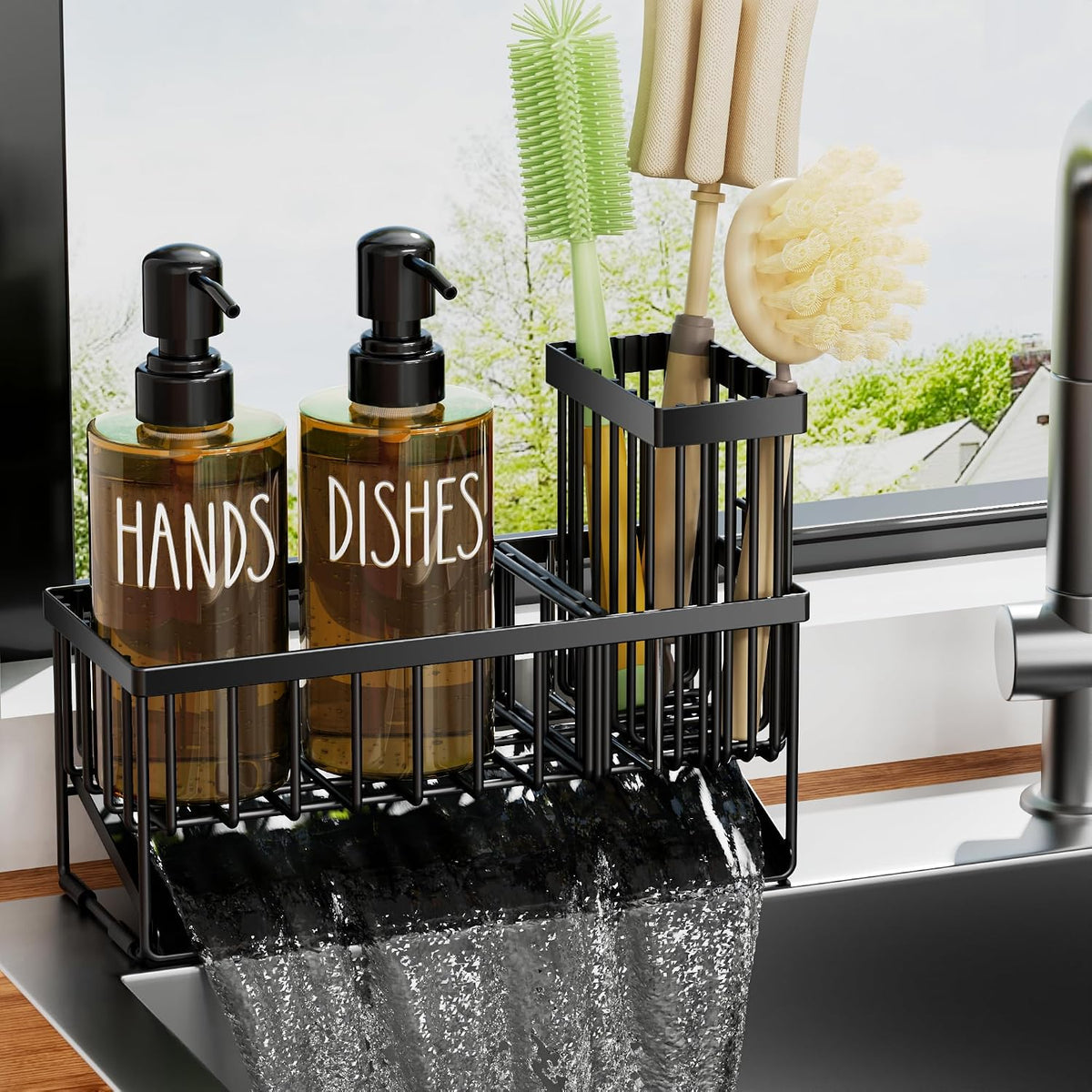 Kitchen Dish Soap Dispenser Set with Sponge Holder, 12OZ Glass Bottle, Hand and Dish Soap Dispenser Set, Non-Slip Silicone Pad, Brush Holder, Kitchen Sink Organizer Countertop (Black+Amber)