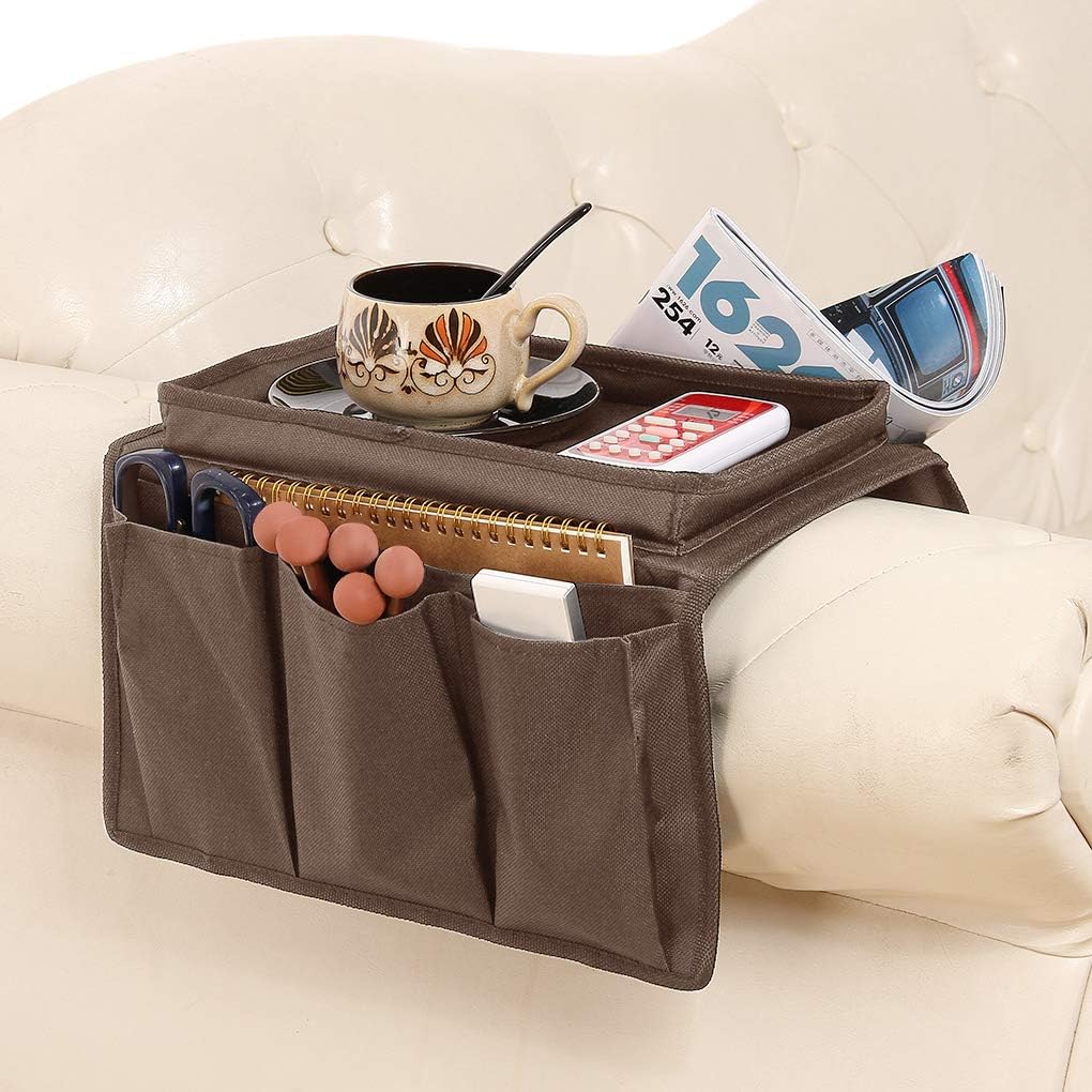 2 in 1 Waterproof Armrest Covers Sofa Arm Organizer with 14 Pockets for Tablet Magazines TV Remote Holder, Anti-Slip Recliner Couch Armchair Slipcover Furniture Sofa Arm Protector Storage Caddy Pouch