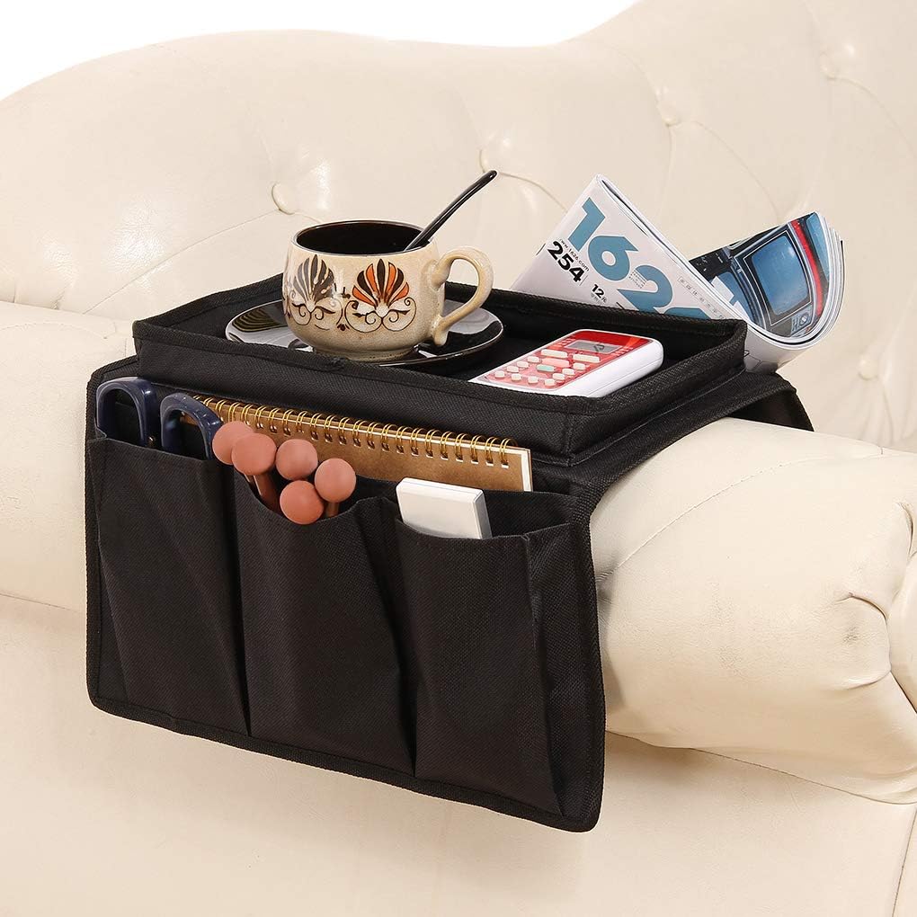 2 in 1 Waterproof Armrest Covers Sofa Arm Organizer with 14 Pockets for Tablet Magazines TV Remote Holder, Anti-Slip Recliner Couch Armchair Slipcover Furniture Sofa Arm Protector Storage Caddy Pouch