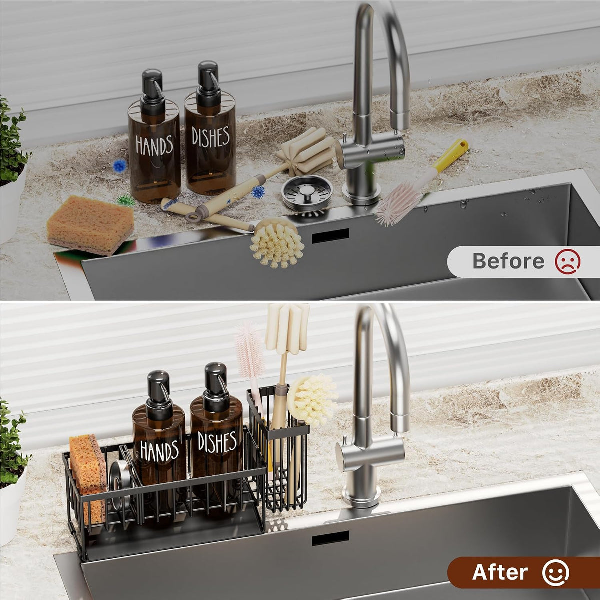 Kitchen Dish Soap Dispenser Set with Sponge Holder, 12OZ Glass Bottle, Hand and Dish Soap Dispenser Set, Non-Slip Silicone Pad, Brush Holder, Kitchen Sink Organizer Countertop (Black+Amber)