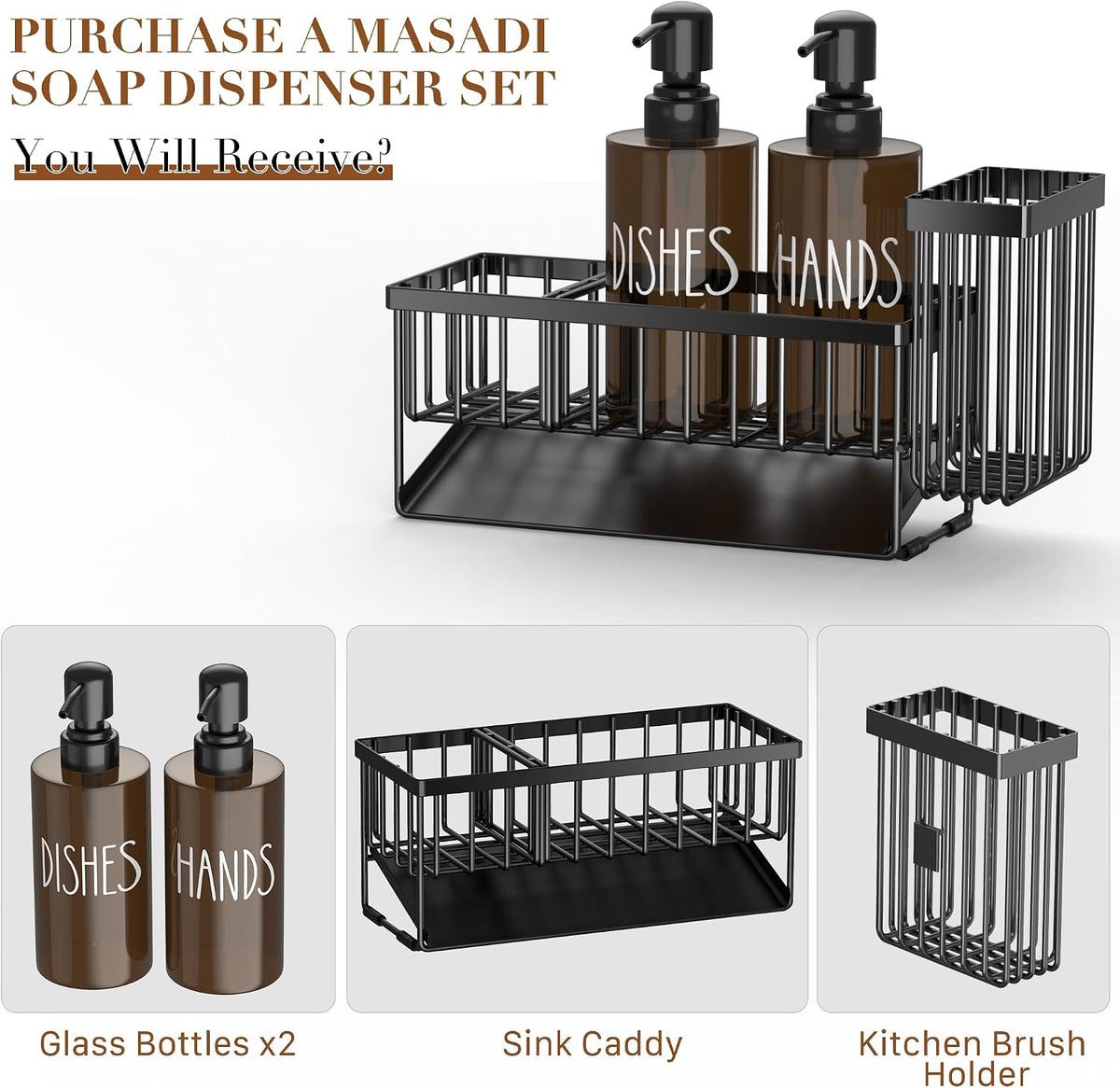 Kitchen Dish Soap Dispenser Set with Sponge Holder, 12OZ Glass Bottle, Hand and Dish Soap Dispenser Set, Non-Slip Silicone Pad, Brush Holder, Kitchen Sink Organizer Countertop (Black+Amber)