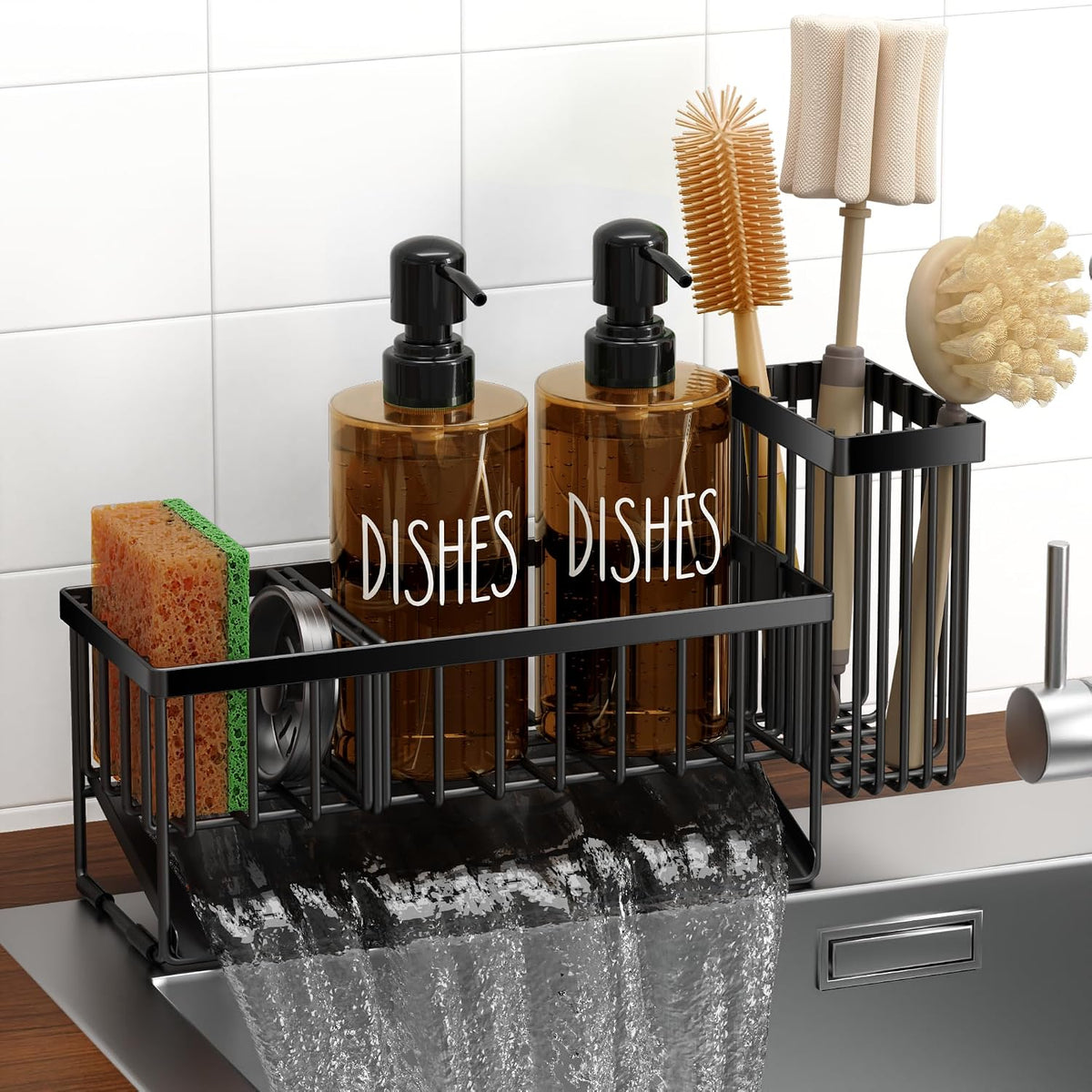 Kitchen Dish Soap Dispenser Set with Sponge Holder, 12OZ Glass Bottle, Hand and Dish Soap Dispenser Set, Non-Slip Silicone Pad, Brush Holder, Kitchen Sink Organizer Countertop (Black+Amber)