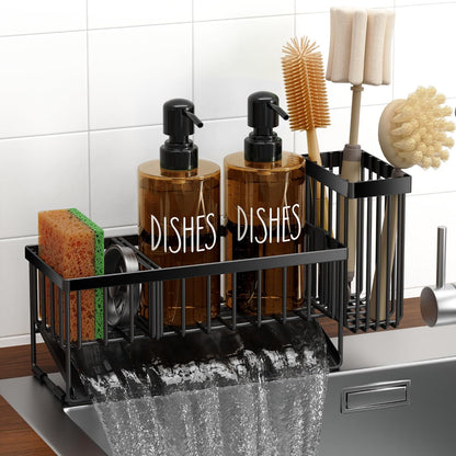 Kitchen Dish Soap Dispenser Set with Sponge Holder, 12OZ Glass Bottle, Hand and Dish Soap Dispenser Set, Non-Slip Silicone Pad, Brush Holder, Kitchen Sink Organizer Countertop (Black+Amber)