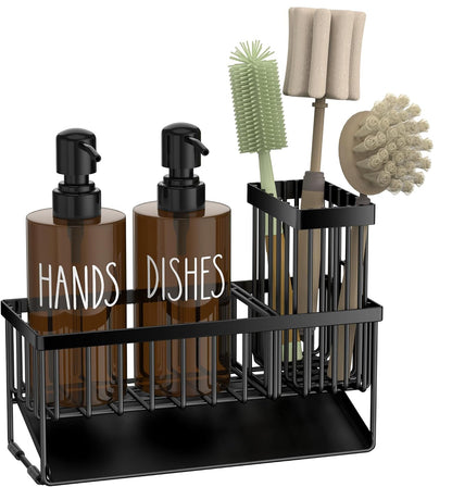 Kitchen Dish Soap Dispenser Set with Sponge Holder, 12OZ Glass Bottle, Hand and Dish Soap Dispenser Set, Non-Slip Silicone Pad, Brush Holder, Kitchen Sink Organizer Countertop (Black+Amber)