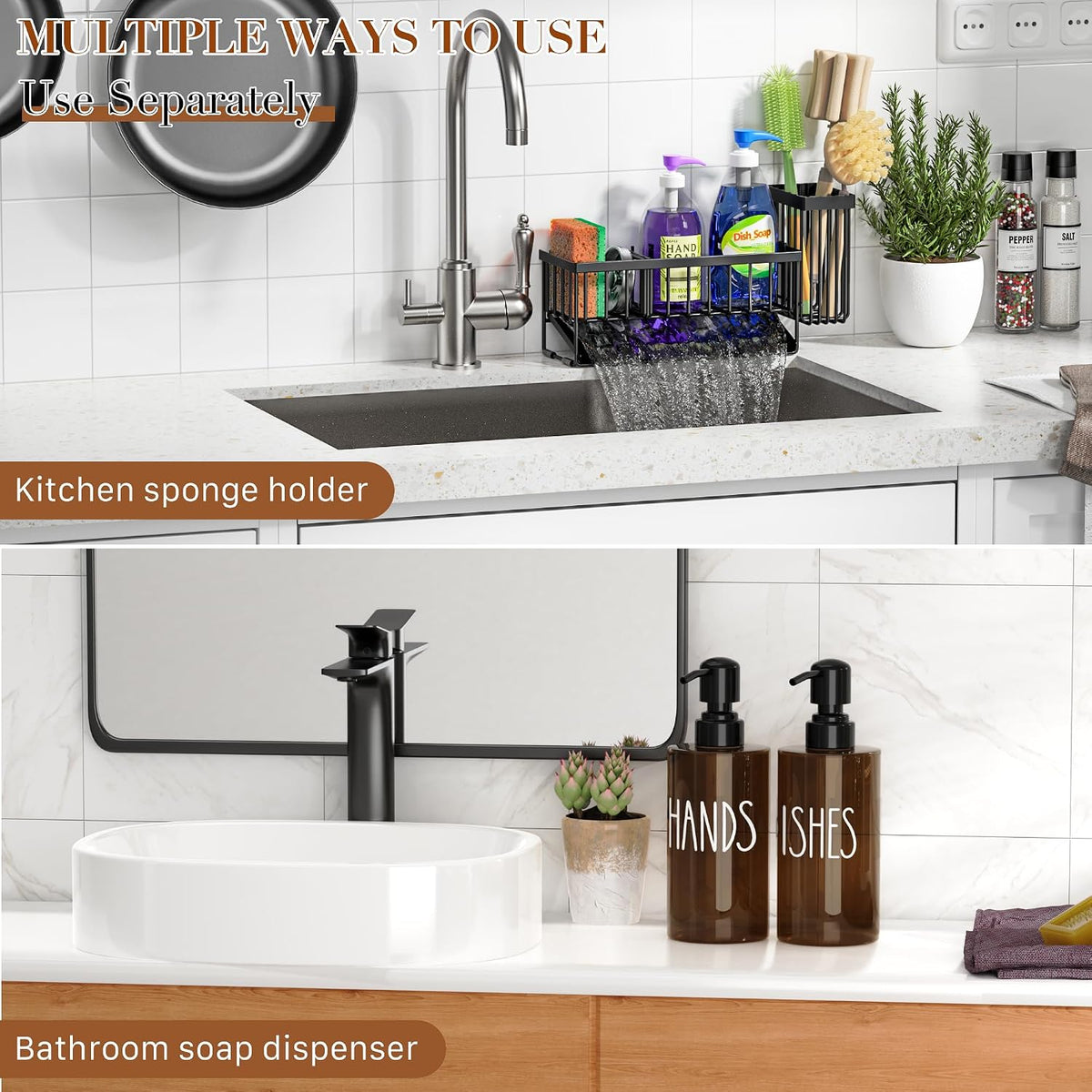 Kitchen Dish Soap Dispenser Set with Sponge Holder, 12OZ Glass Bottle, Hand and Dish Soap Dispenser Set, Non-Slip Silicone Pad, Brush Holder, Kitchen Sink Organizer Countertop (Black+Amber)