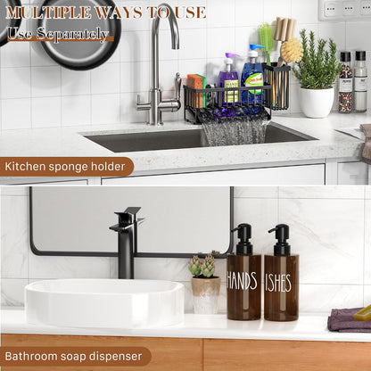 Kitchen Dish Soap Dispenser Set with Sponge Holder, 12OZ Glass Bottle, Hand and Dish Soap Dispenser Set, Non-Slip Silicone Pad, Brush Holder, Kitchen Sink Organizer Countertop (Black+Amber)