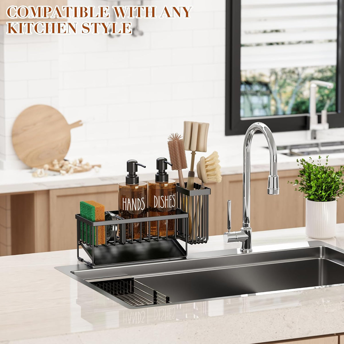 Kitchen Dish Soap Dispenser Set with Sponge Holder, 12OZ Glass Bottle, Hand and Dish Soap Dispenser Set, Non-Slip Silicone Pad, Brush Holder, Kitchen Sink Organizer Countertop (Black+Amber)