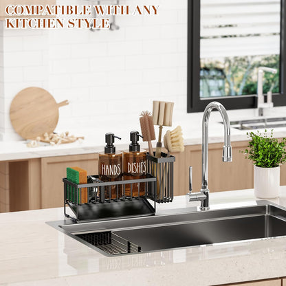 Kitchen Dish Soap Dispenser Set with Sponge Holder, 12OZ Glass Bottle, Hand and Dish Soap Dispenser Set, Non-Slip Silicone Pad, Brush Holder, Kitchen Sink Organizer Countertop (Black+Amber)