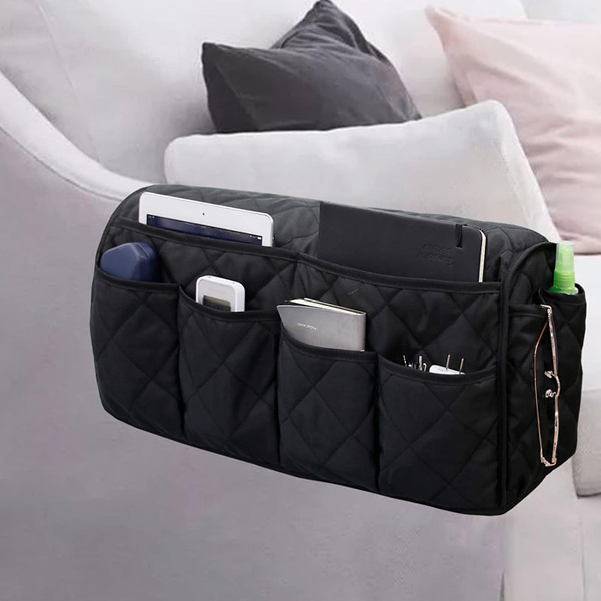 2 in 1 Waterproof Armrest Covers Sofa Arm Organizer with 14 Pockets for Tablet Magazines TV Remote Holder, Anti-Slip Recliner Couch Armchair Slipcover Furniture Sofa Arm Protector Storage Caddy Pouch